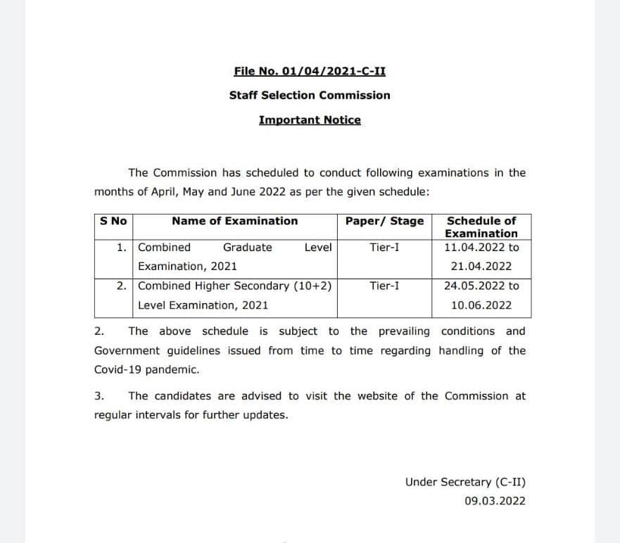 SSC CHSL 2022 Tier-1 Exam Date